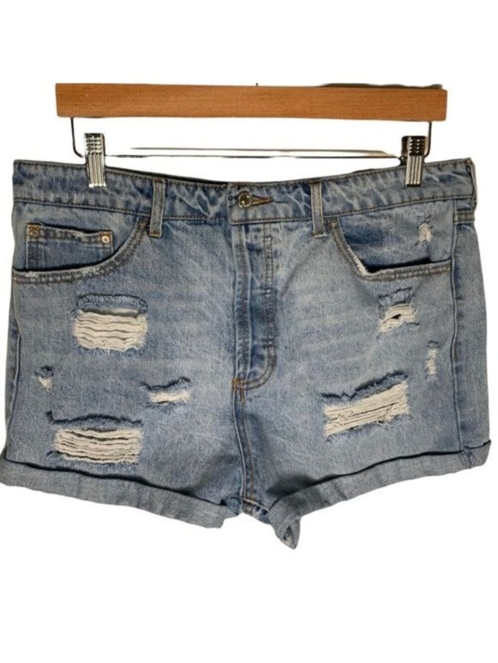 Forever 21 Shorts Womens 31 High Rise Distressed Denim Cuffed Blue